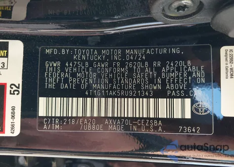 2024 Toyota Camry Se from USA, damaged, VIN 4T1G11AK5RU921343